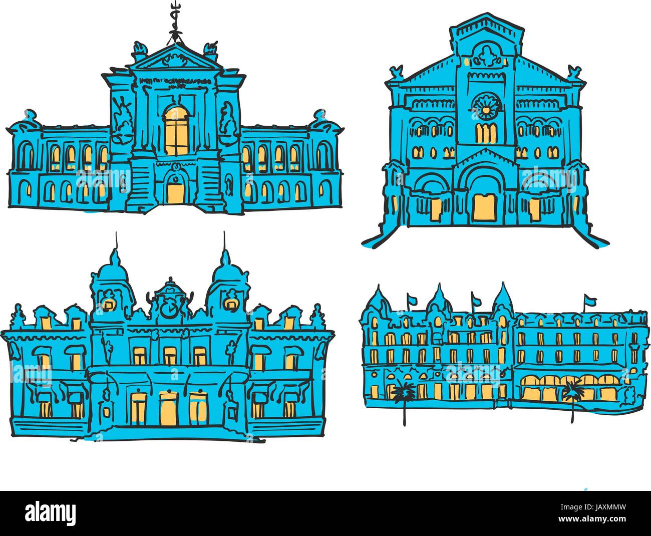 Il Principato di Monaco, colorato di punti di riferimento, Scalable Vector monumenti. Riempito con forma blu e giallo evidenzia. Illustrazione Vettoriale