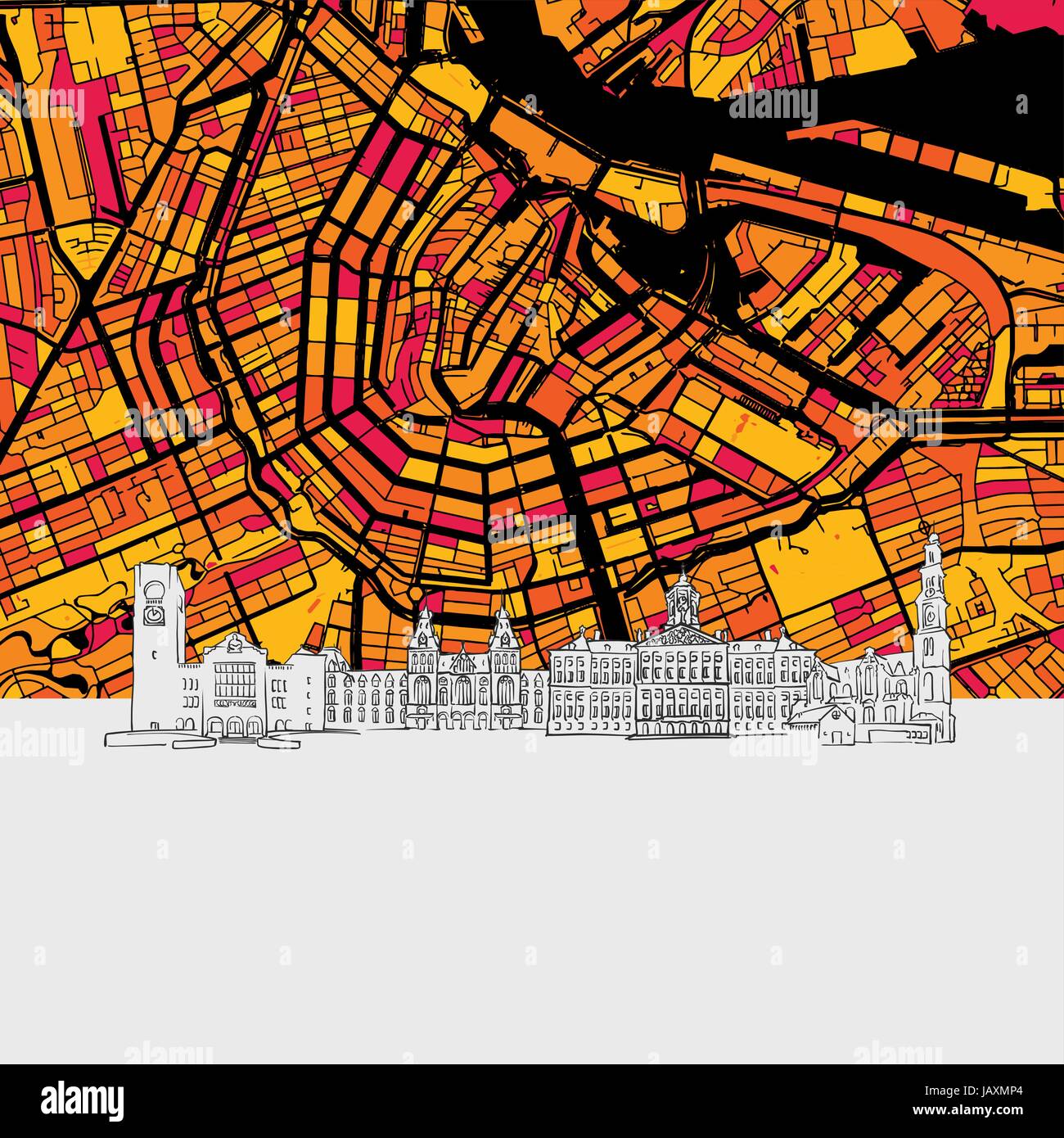 Amsterdam, Paesi Bassi, Mappa Skyline, moderno colorato stampa di arte con il paesaggio urbano storico di punti di riferimento Illustrazione Vettoriale