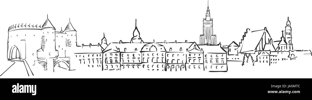 Varsavia, Polonia, Panorama Sketch, Monocromatico paesaggio urbano vettore Artprint Illustrazione Vettoriale