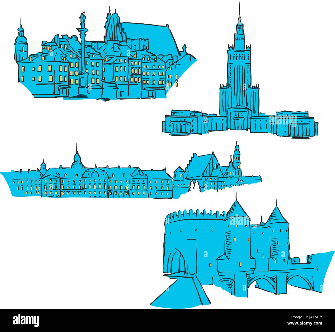 Varsavia, Polonia, colorato di punti di riferimento, Scalable Vector monumenti. Riempito con forma blu e giallo evidenzia. Illustrazione Vettoriale