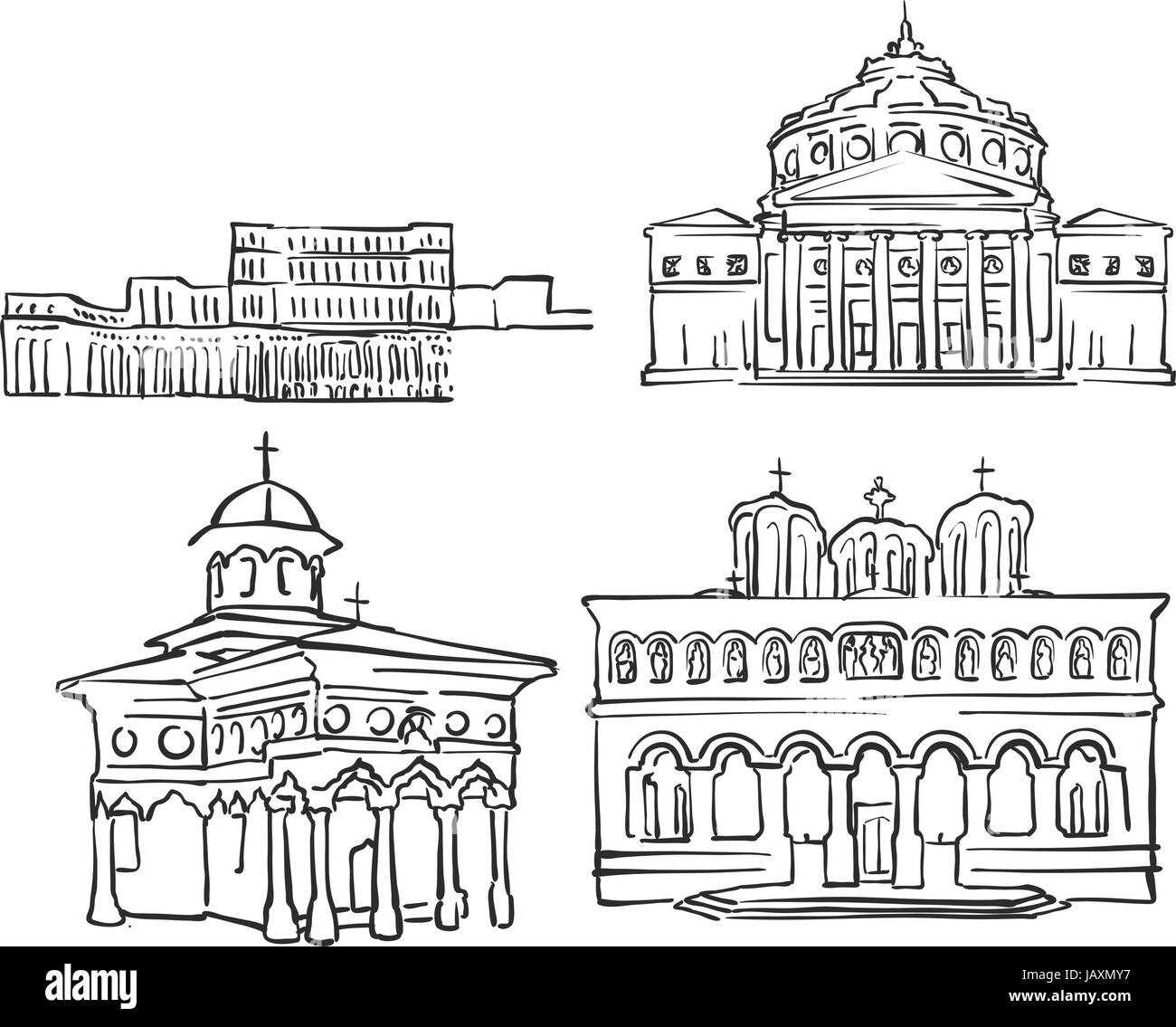 Bucarest, Romania, edifici famosi, Monocromatico delineato i punti di riferimento di viaggio, scalabile illustrazione vettoriale Illustrazione Vettoriale