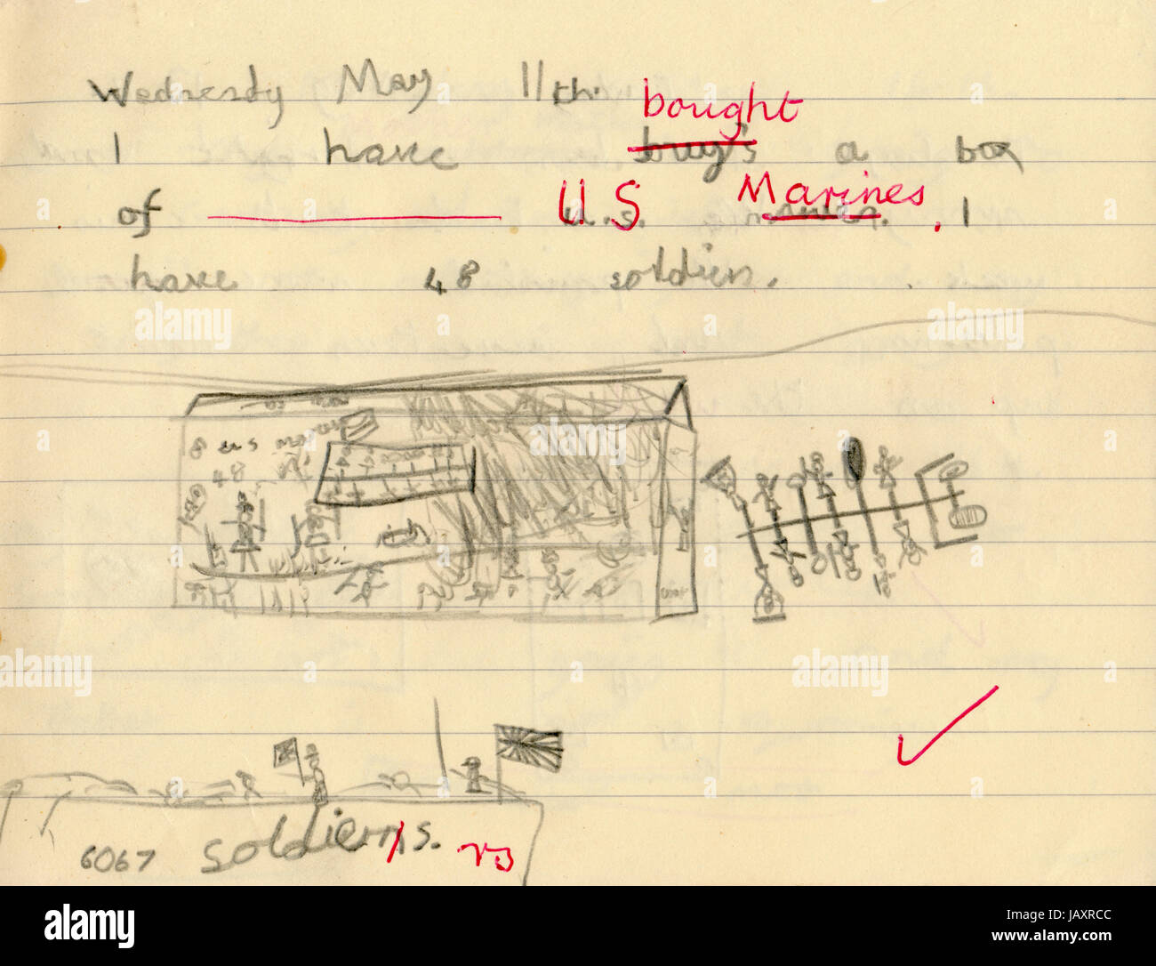 In Inghilterra. Bambini libro scolastico pagina dal 1967. La scrittura sull'acquisto Airfix scellino 2 pacchetto di Marines americani, con drawning della scatola. Foto Stock