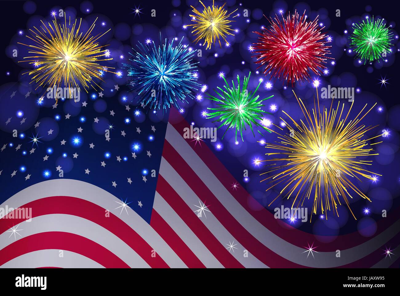 Bandiera americana e celebration Sparkling fuochi d'artificio sfondo vettoriale. Giorno di indipendenza, 4 luglio vacanze salute. Illustrazione Vettoriale