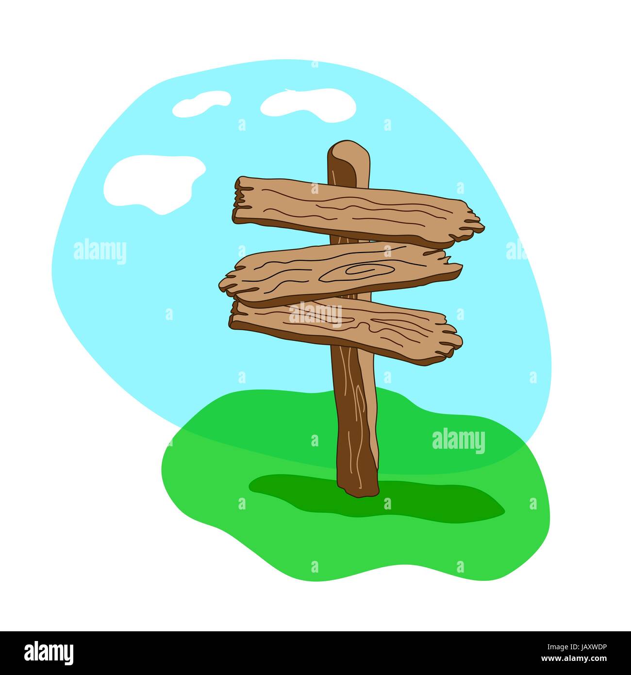 Stile Cartoon vector cartello in legno in piedi in erba. Tre forme freccia vuota cartello in legno Illustrazione Vettoriale