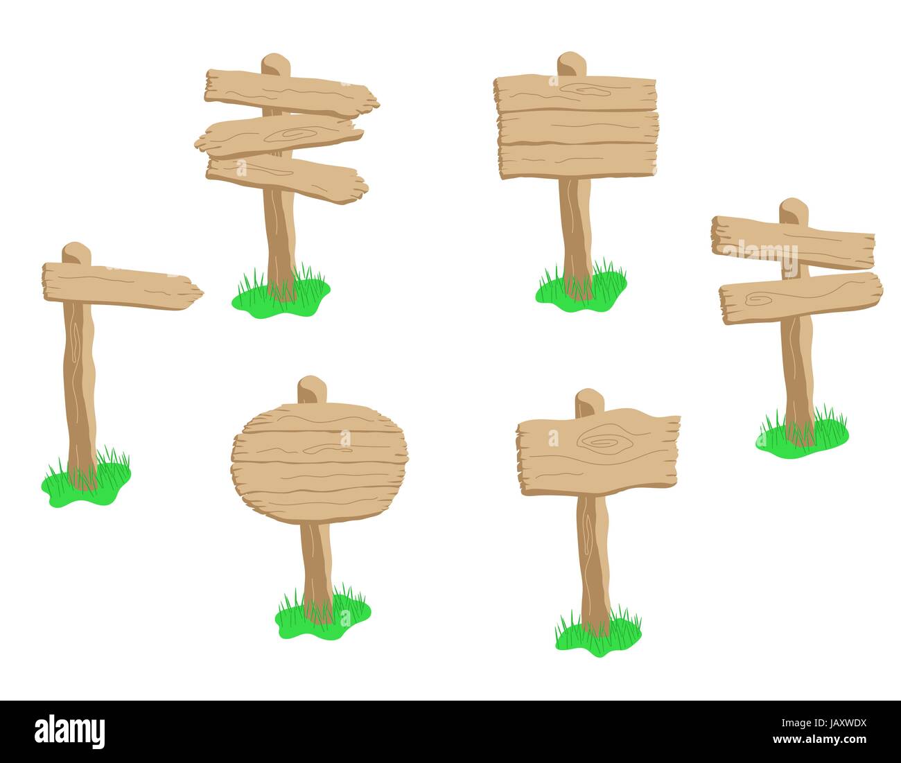 Set di stile cartoon vector cartello in legno isolato su sfondo bianco. Round, freccia e forme quadrate di legno vergine raccolta di orientamento Illustrazione Vettoriale