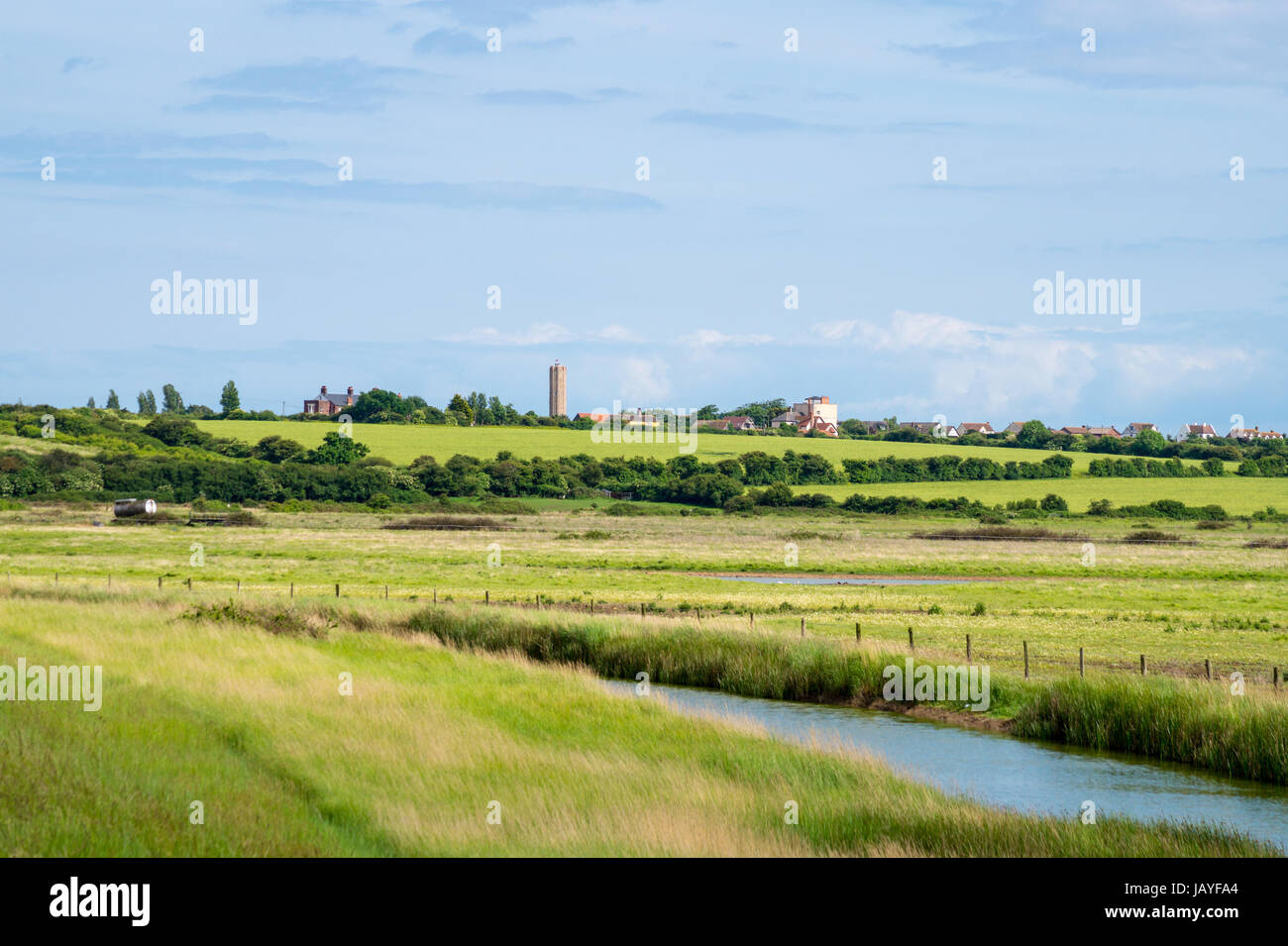 Naze Tower vista dal Naze riserva naturale e lagune, Walton sul Naze, Essex, Inghilterra Foto Stock