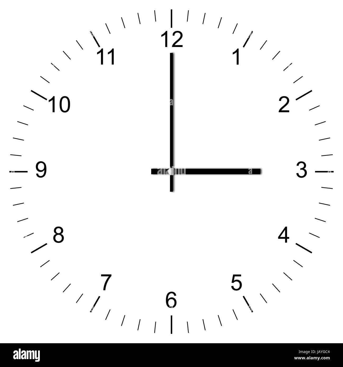 Illustrazione einer Uhr um 03:00 Uhr freigestellt auf weißem Hintergrund Foto Stock