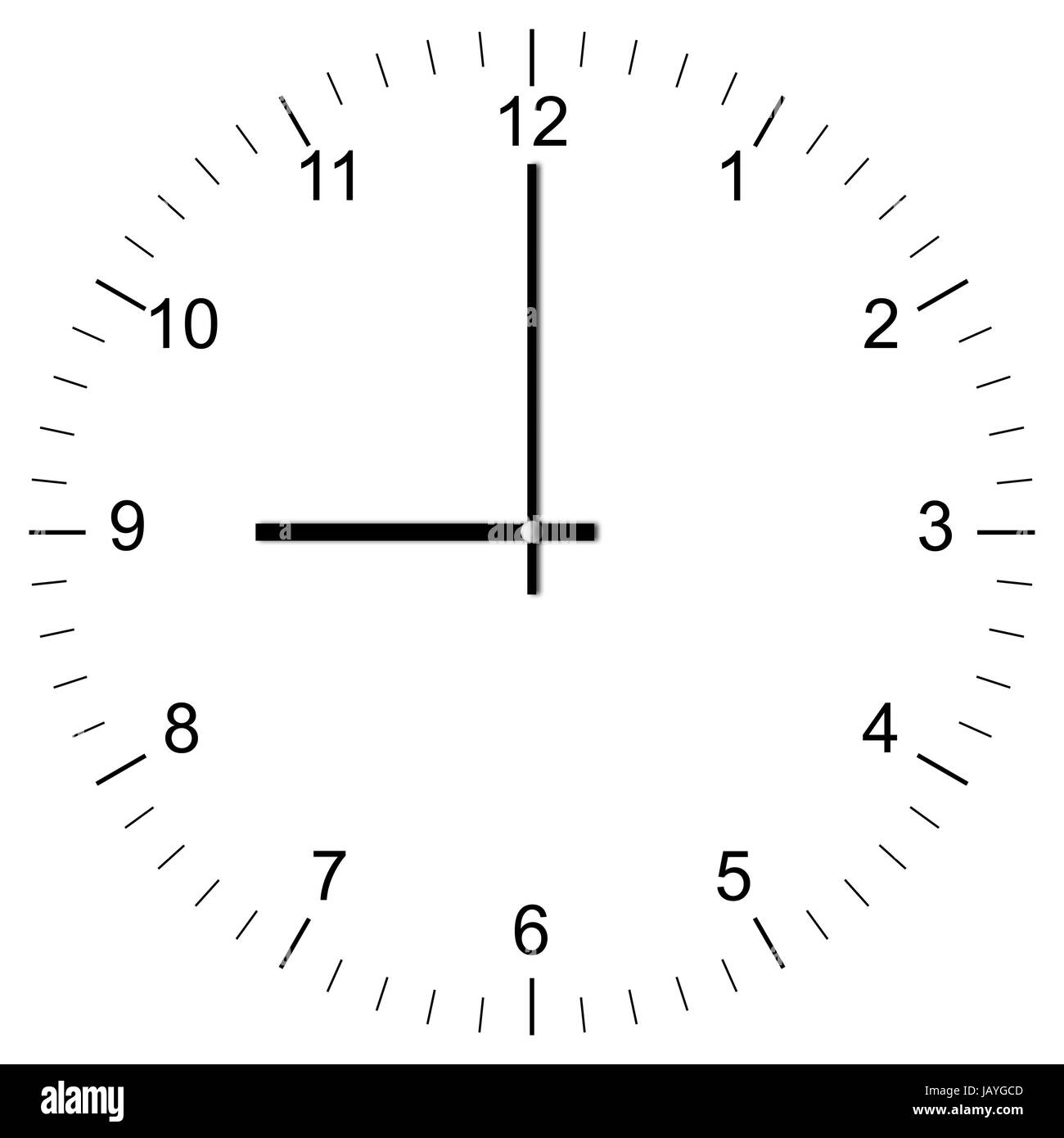 Illustrazione einer Uhr um 09:00 Uhr freigestellt auf weißem Hintergrund Foto Stock