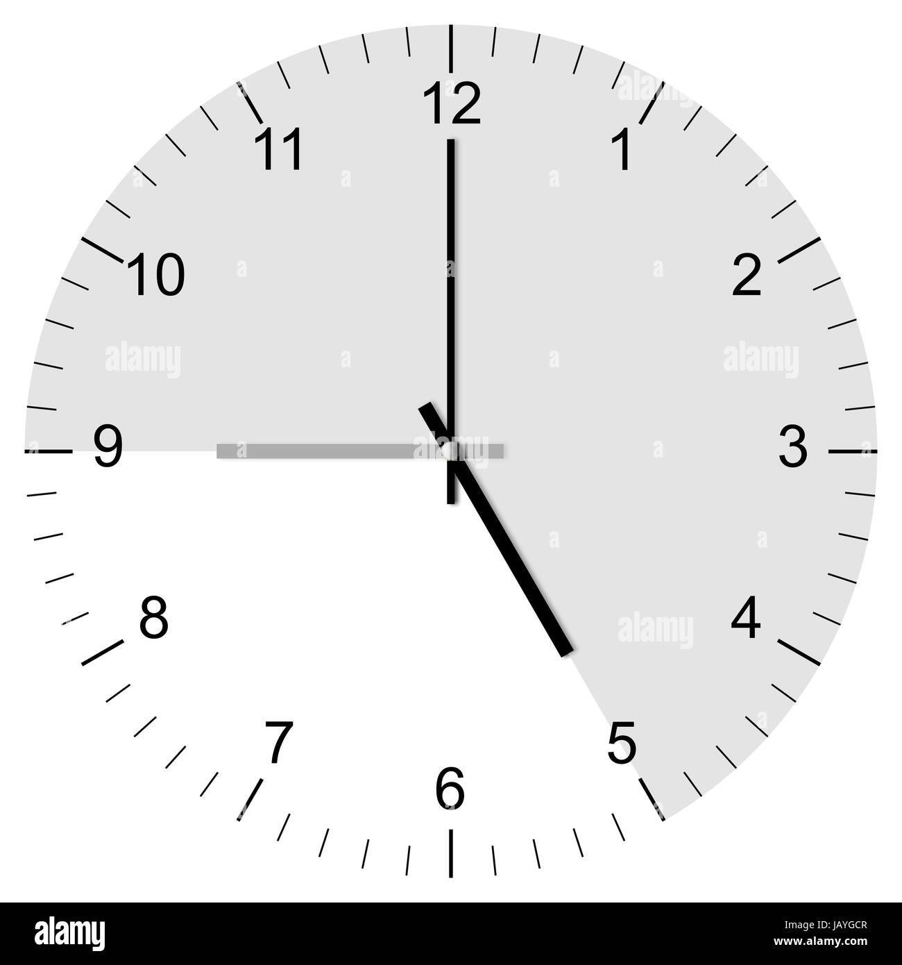 Illustrazione einer Uhr mit der Kernarbeitszeit des klassischen "nove a cinque " Bürojobs. freigestellt auf weißem Hintergrund Foto Stock