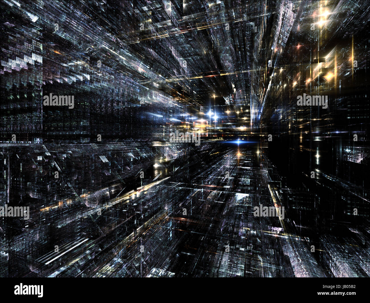 Città frattale serie. Disposizione creativa di tridimensionale di strutture frattali e luci come un concetto metafora sul tema della tecnologia, delle comunicazioni, dell'istruzione e della scienza Foto Stock