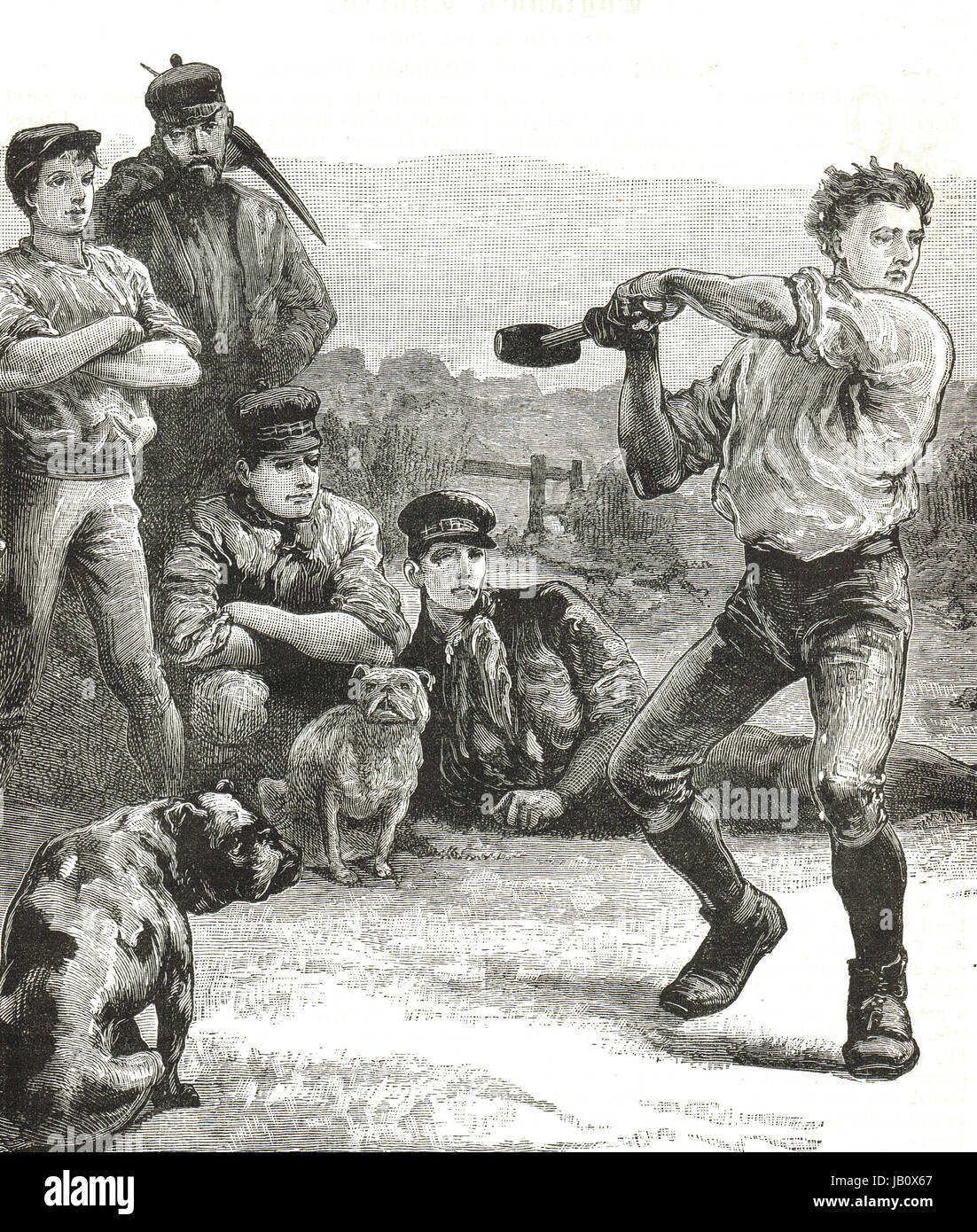 Un giovane George Stephenson lanciando un martello per provare la sua forza Foto Stock
