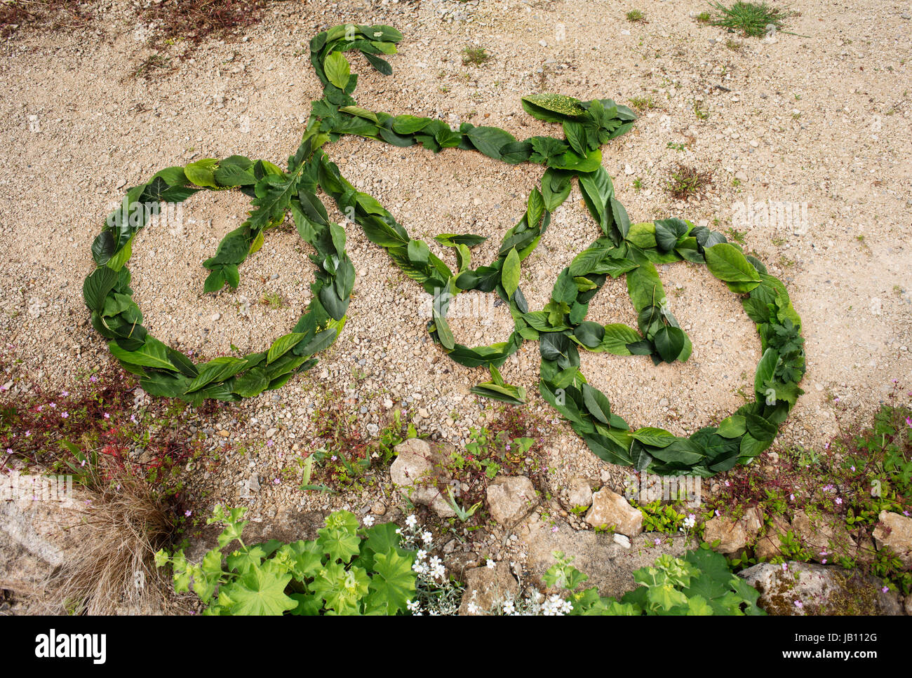 Simbolo di bicicletta realizzata da foglie verdi Foto Stock