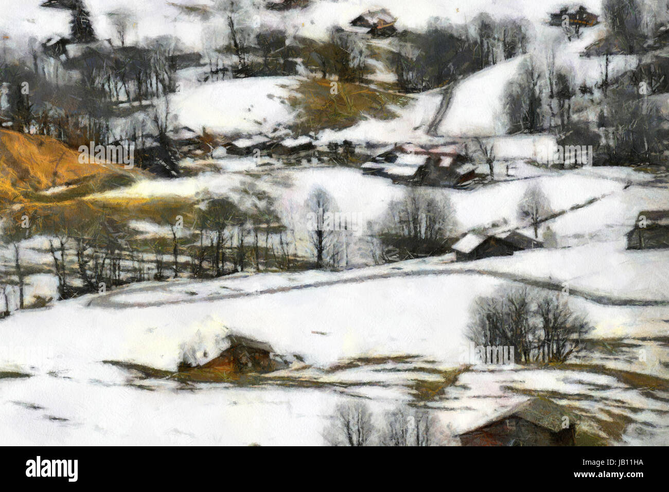 Log Cabin scena di neve, Svizzera Foto Stock