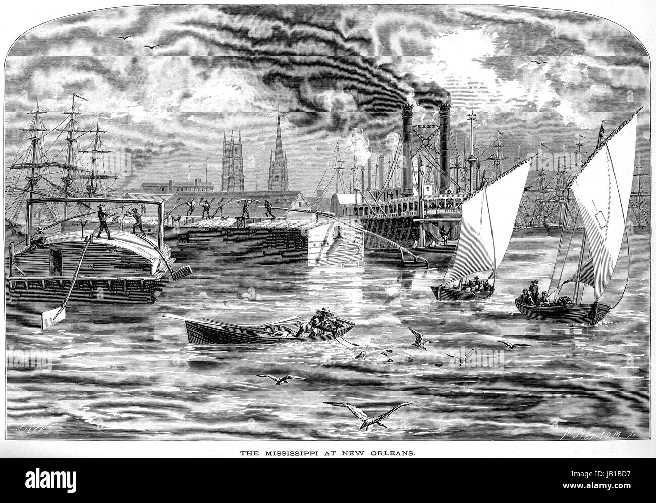 Una incisione del Mississippi a New Orleans scansionati ad alta risoluzione da un libro stampato nel 1872. Ritiene copyright free. Foto Stock