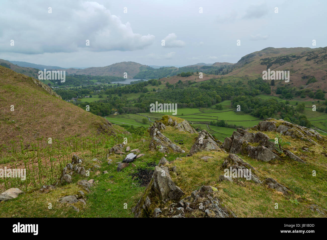 Guardando in giù verso Grasmere dal sentiero che conduce alla rupe del timone Foto Stock