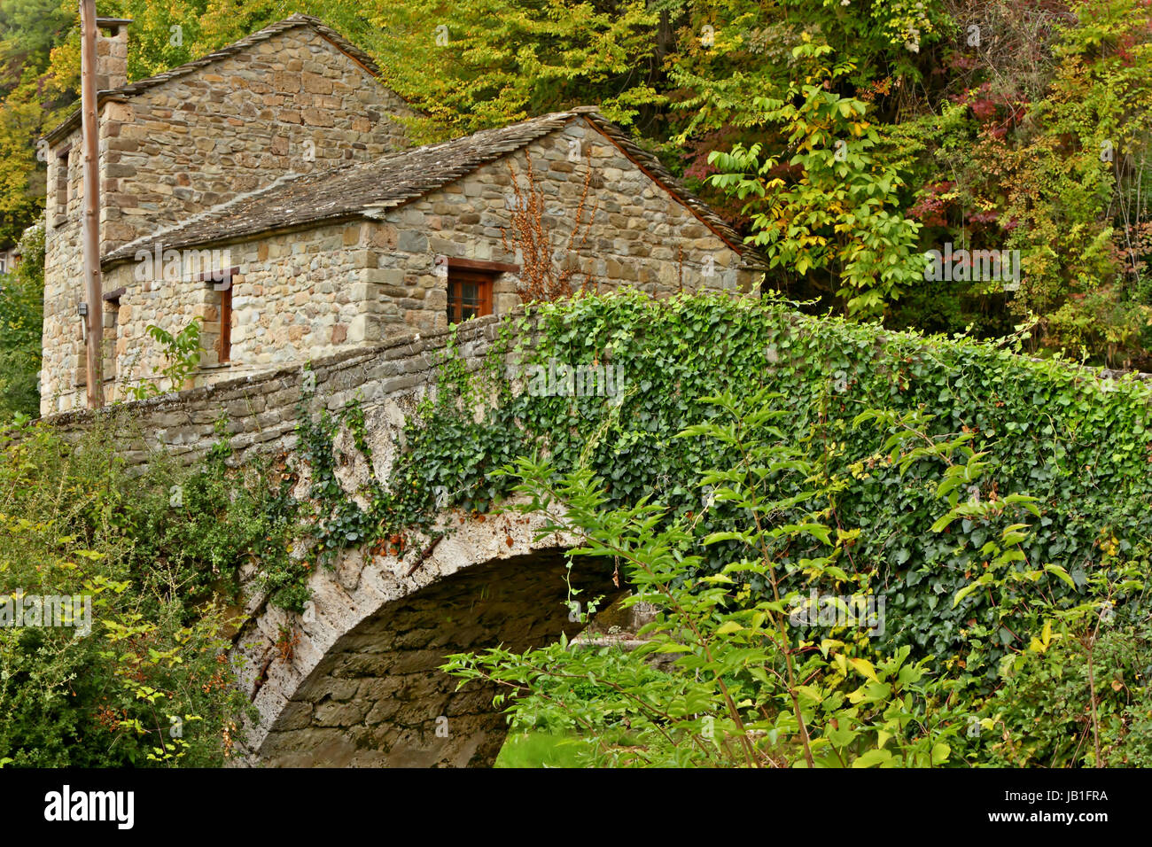 Il ponte di pietra nel villaggio di Tristeno, nella regione tradizionale di Zagori, nella regione montuosa di Epiro, Grecia. Foto Stock