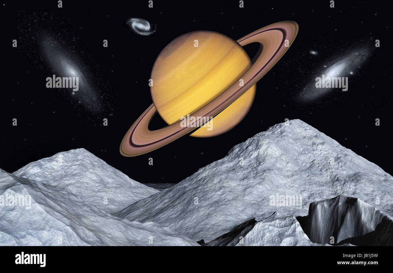 Il pianeta Saturno come il suo visto da una delle sue lune. Foto Stock
