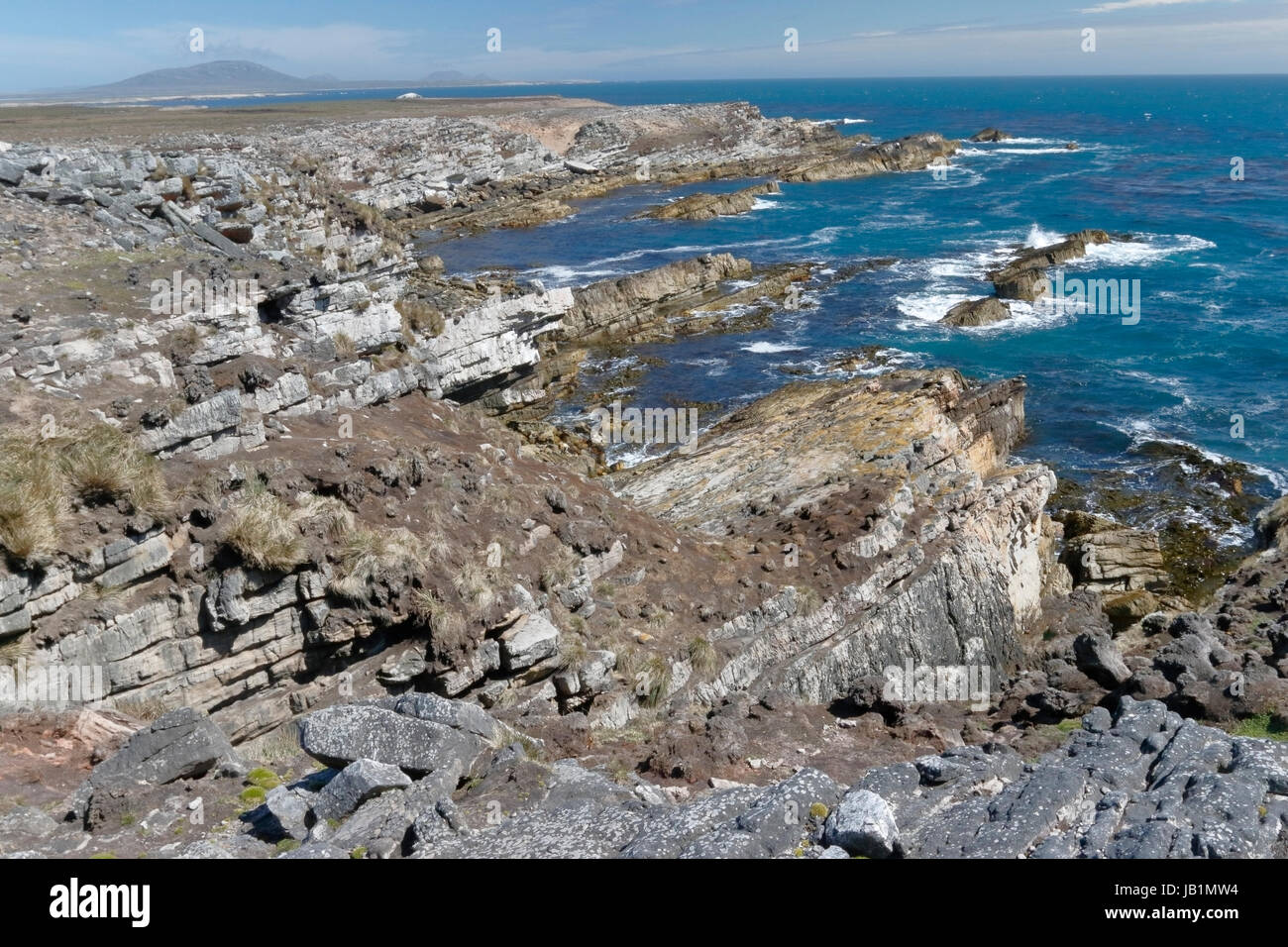 Vista su isola di ghiaia, Isole Falkland Foto Stock