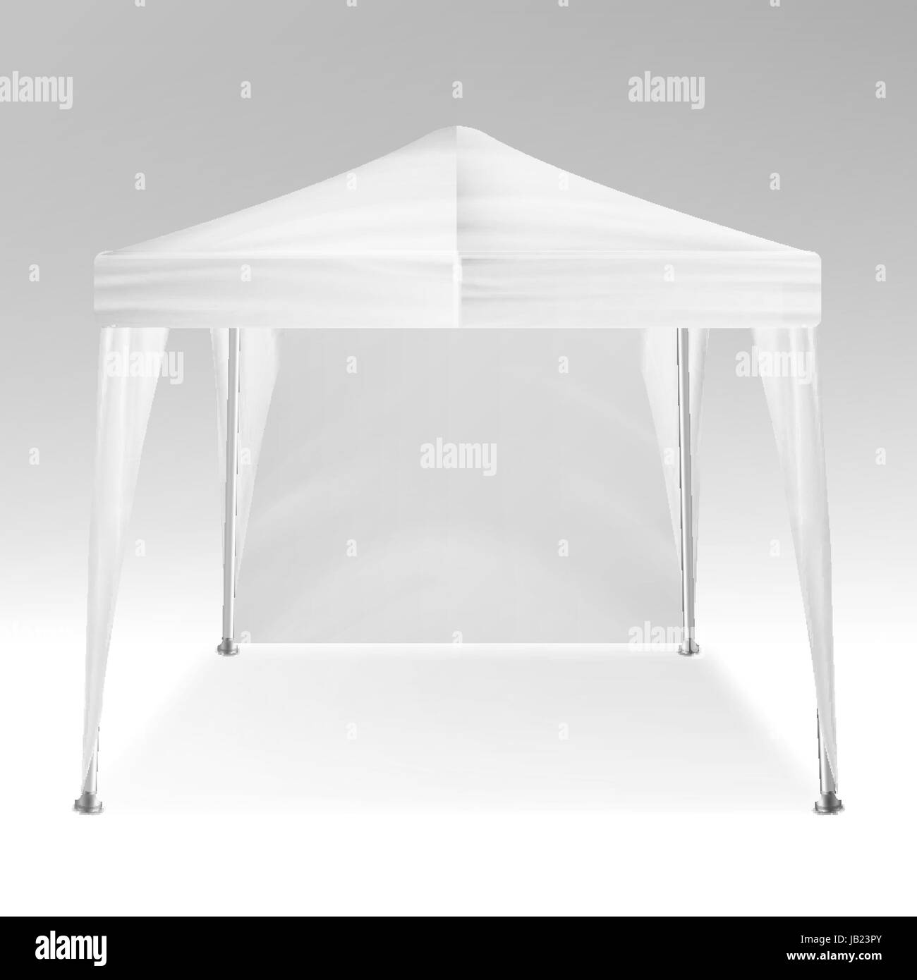 Bianco tenda pieghevole Mockup vettore. Promozione evento Outdoor Trade Show Pop-Up tenda tendone Mobile, modello. Pubblicità del prodotto Illustrazione Vettoriale