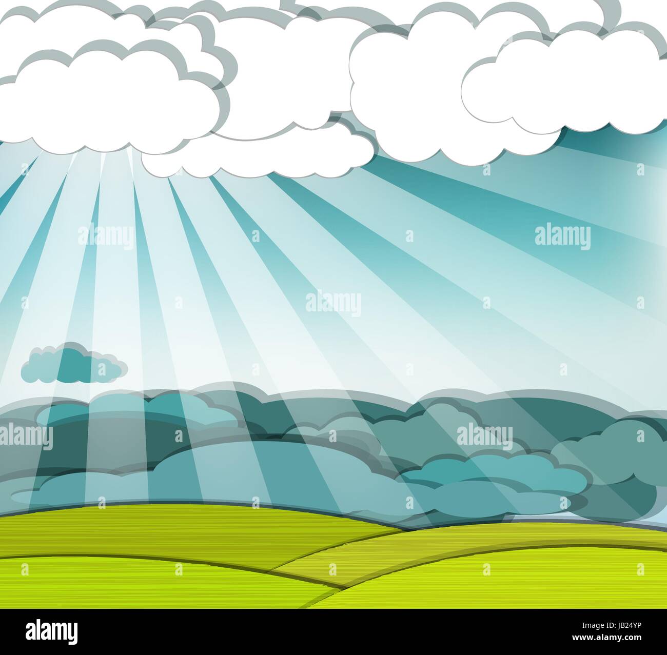 Scena drammatica con sunray di trovare la loro strada attraverso le nuvole, eps10 vettore Illustrazione Vettoriale