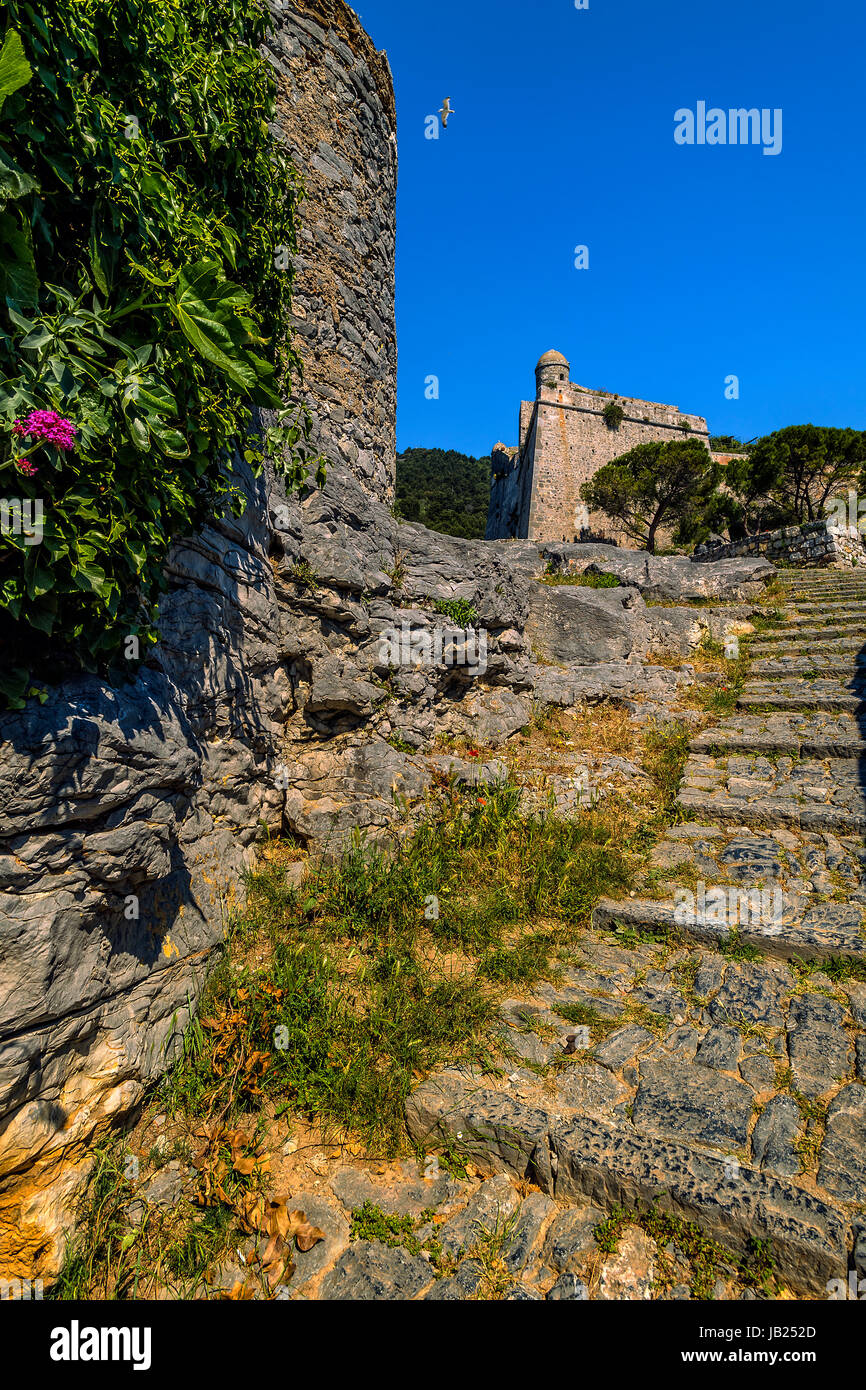 Italia Liguria Portovenere - i mulini e il castello dei Doria Foto Stock