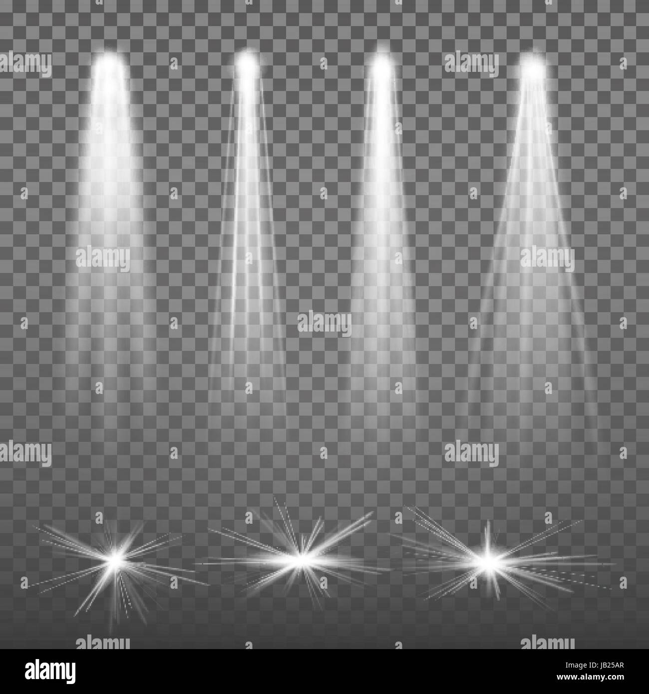 Fascio bianco Riflettori Illuminazione vettore. Luce incandescente effetti isolati su sfondo trasparente. Illustrazione Vettoriale