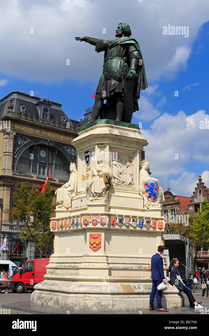 Jacob Van Artevelde monumento, Vrijdag Mercato, Gand, Fiandre Orientali, Belgio, Europa Foto Stock