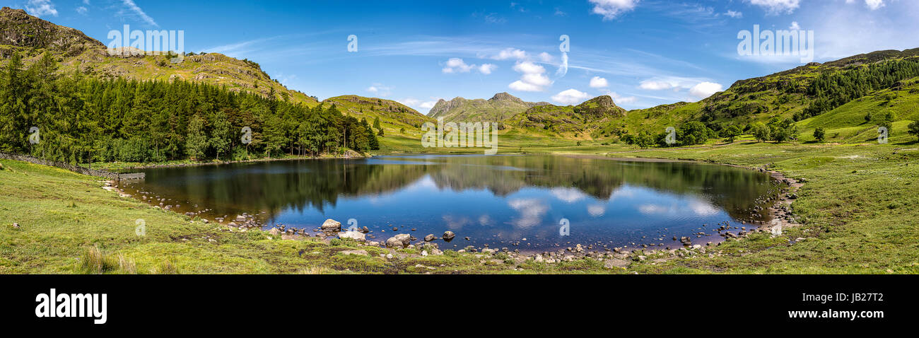 Vista panoramica di blea tarn con the langdale pikes nel parco nazionale del distretto dei laghi. Foto Stock