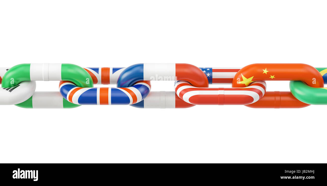 Internazionale global concetto di comunicazione. Catena da paesi con bandiere, rendering 3D Foto Stock