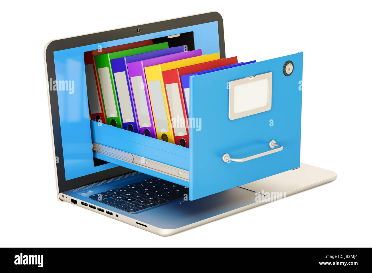 Laptop per lo storage di dati. Notebook con le cartelle nel casellario, rendering  3D Foto stock - Alamy