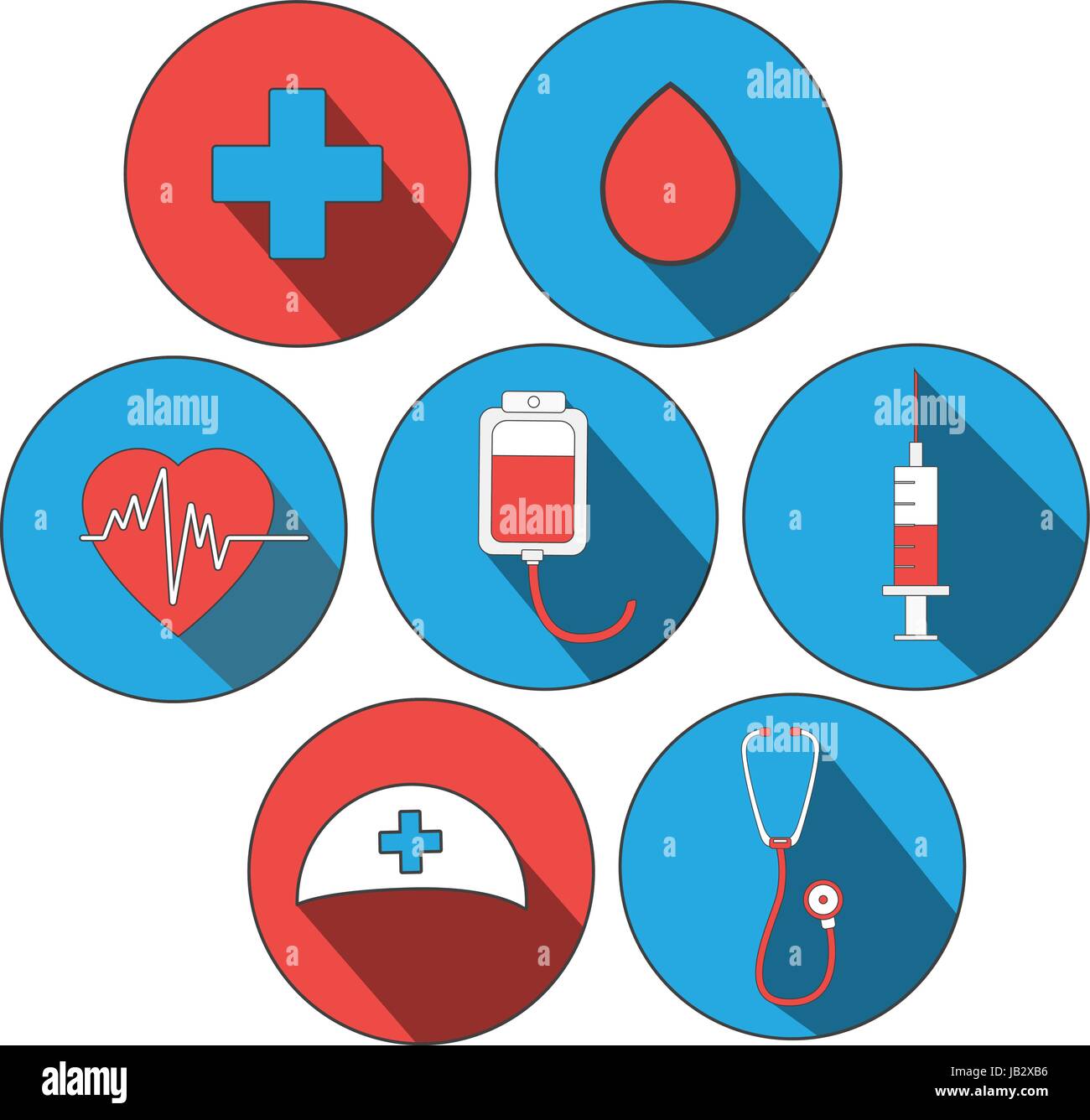 Medicina icona set piatto. Mondo di donatori di sangue, giorno dottore giorno. Adesivi per il design del sito. Concetto medico. Illustrazione Vettoriale