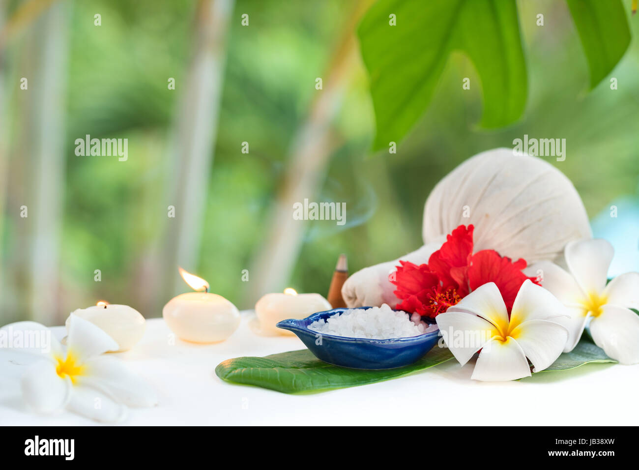 Concetto di Spa sale alle erbe aromatiche e fiori di plumeria su tropic sfondo foglia Foto Stock