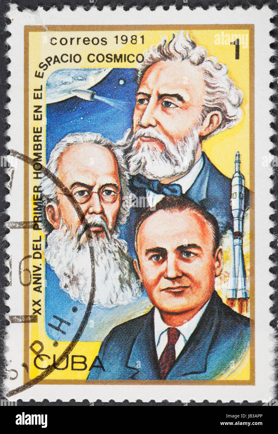 CUBA - circa 1981: un francobollo stampato in Cuba mostra la prima teoria astronautica scienziati Korolev, Tsiolkovsky, Zhukovsky,circa 1981 Foto Stock