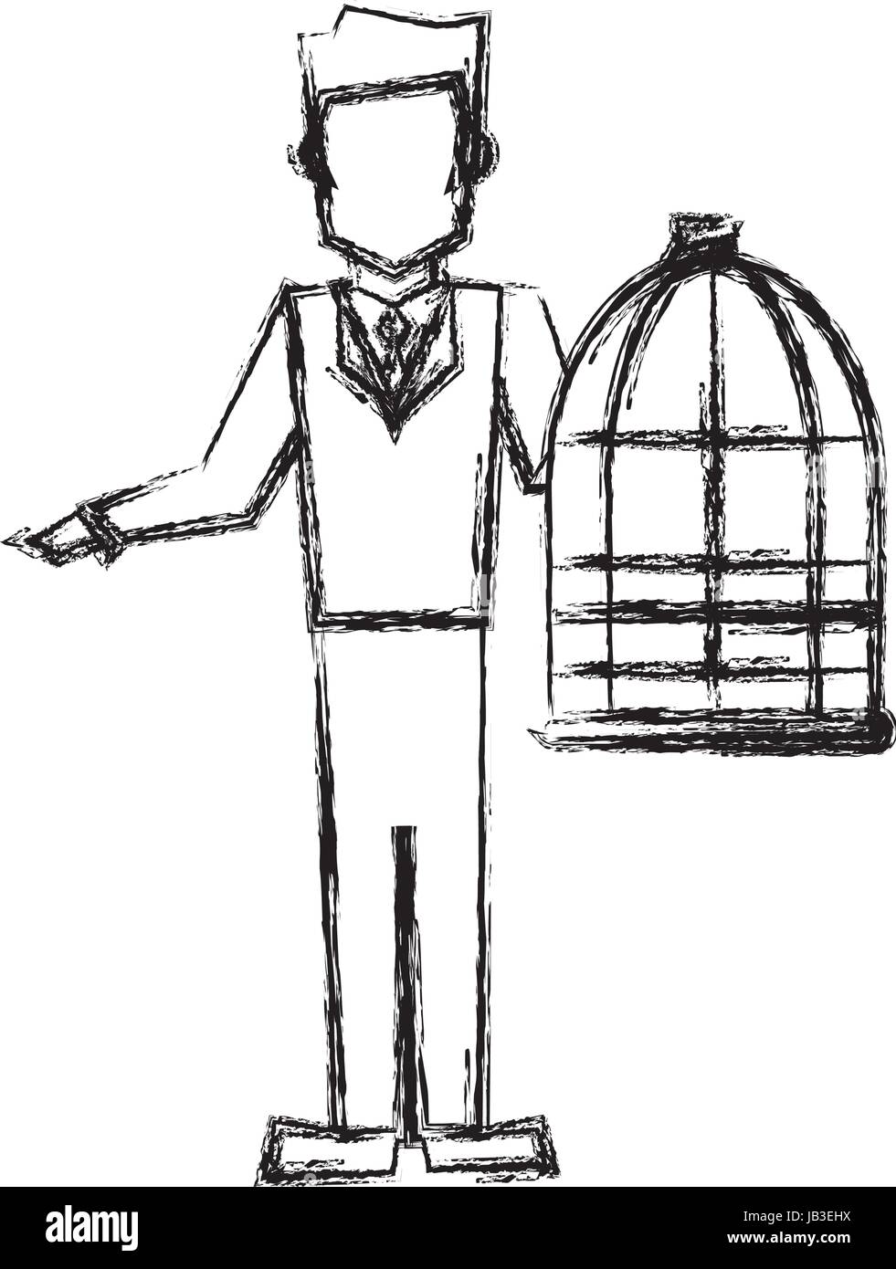 Vet uomo con gabbia di uccelli vuoto concetto veterinario schizzo Illustrazione Vettoriale