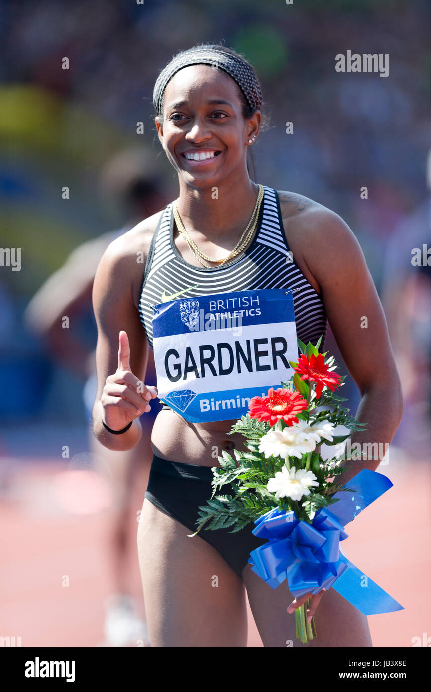 English Gardner a competere in donne 100m Finale al 2016 Diamond League, Alexander Stadium, Birmingham, Regno Unito, 6 giugno 2016. Foto Stock