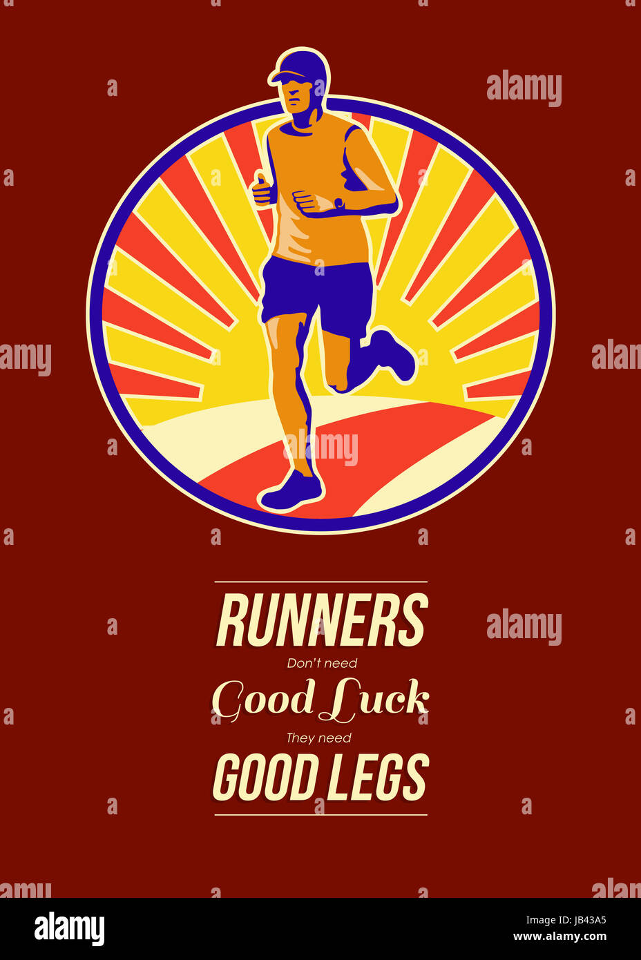 Poster greeting card illustrazione che mostra una maratona triatleta runner acceso fatto in stile retrò con parole corridori non hanno bisogno di buona fortuna, hanno bisogno di buone gambe. Foto Stock