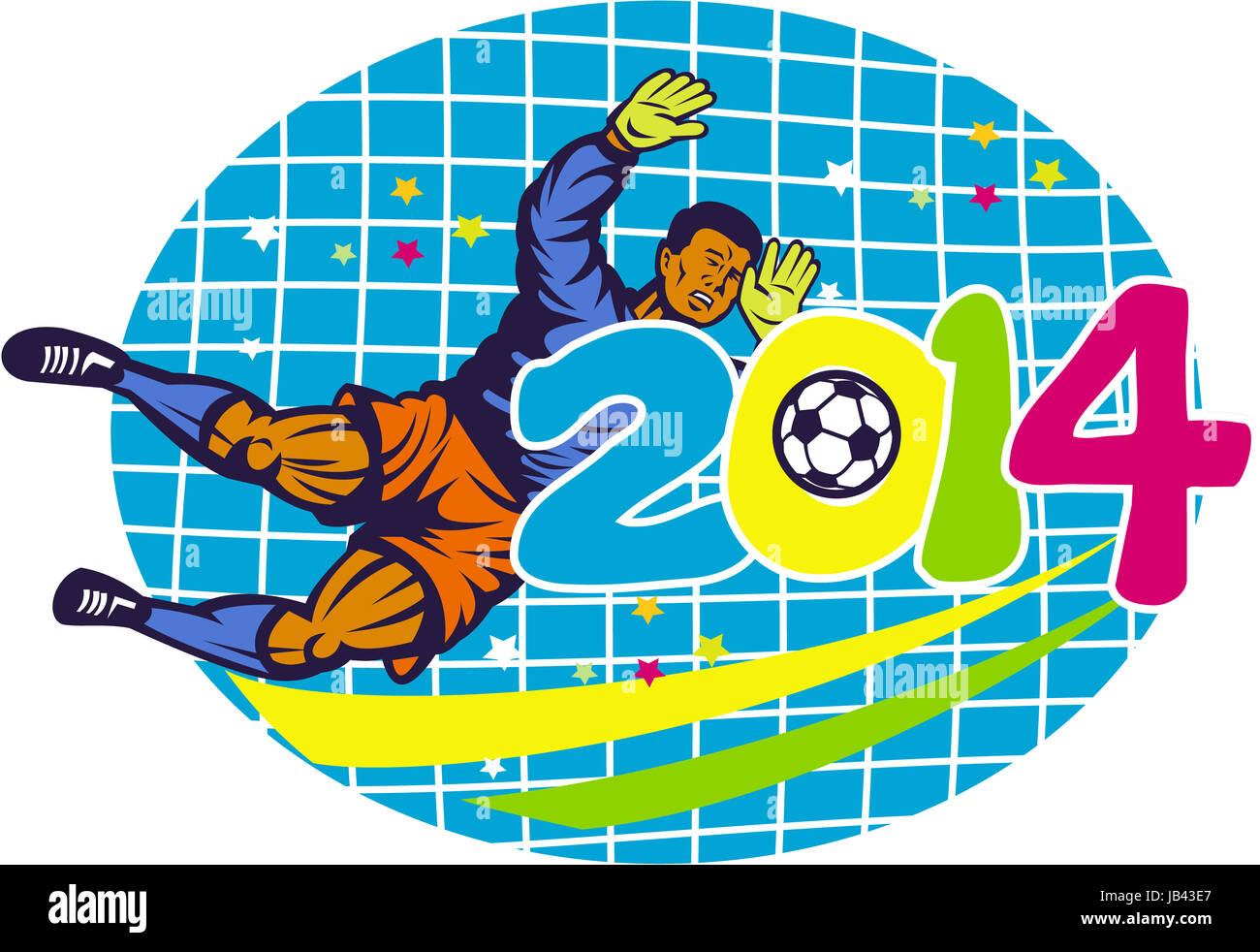 Illustrazione di un brasile calcio calci giocatore pallone da calcio con la bandiera brasiliana in background con i numeri 2014 fatto in stile retrò. Foto Stock