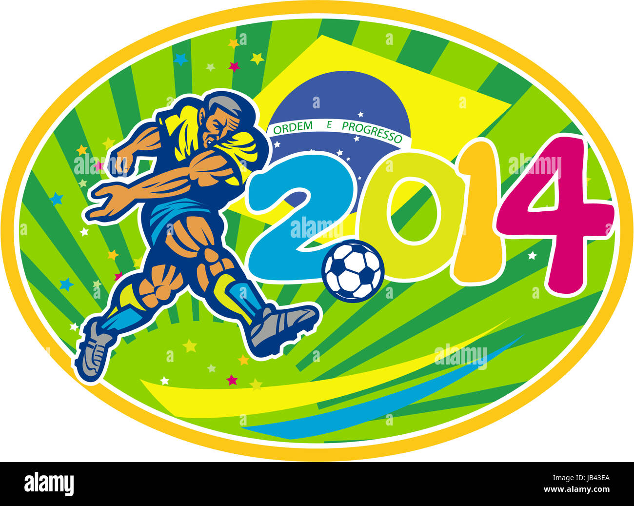 Illustrazione di un brasile calcio calci giocatore pallone da calcio con la bandiera brasiliana in background con i numeri 2014 imposta all'interno di forma ovale fatto in stile retrò. Foto Stock