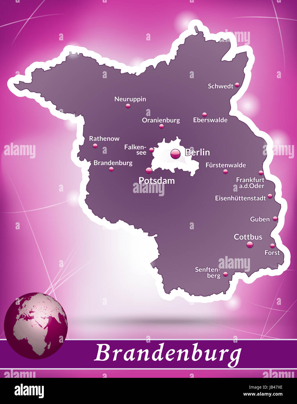 Brandeburgo in Deutschland als Inselkarte mit abstraktem Hintergrund in Violett. Durch die ansprechende Gestaltung fügt sich die Karte perfekt in Ihr Vorhaben ein. Foto Stock