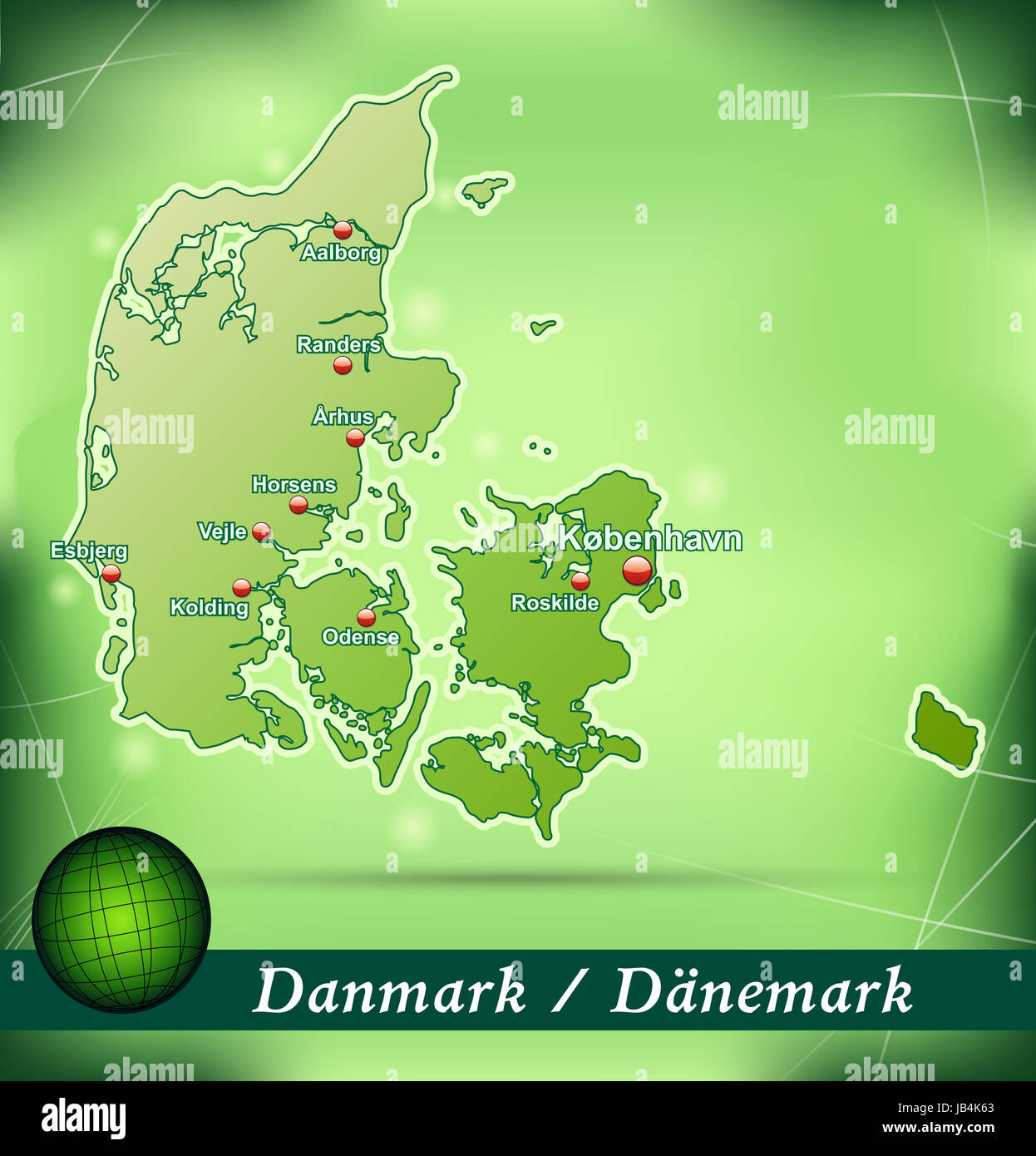 Dänemark in Europa als Inselkarte mit abstraktem Hintergrund in Grün. Durch die ansprechende Gestaltung fügt sich die Karte perfekt in Ihr Vorhaben ein. Foto Stock