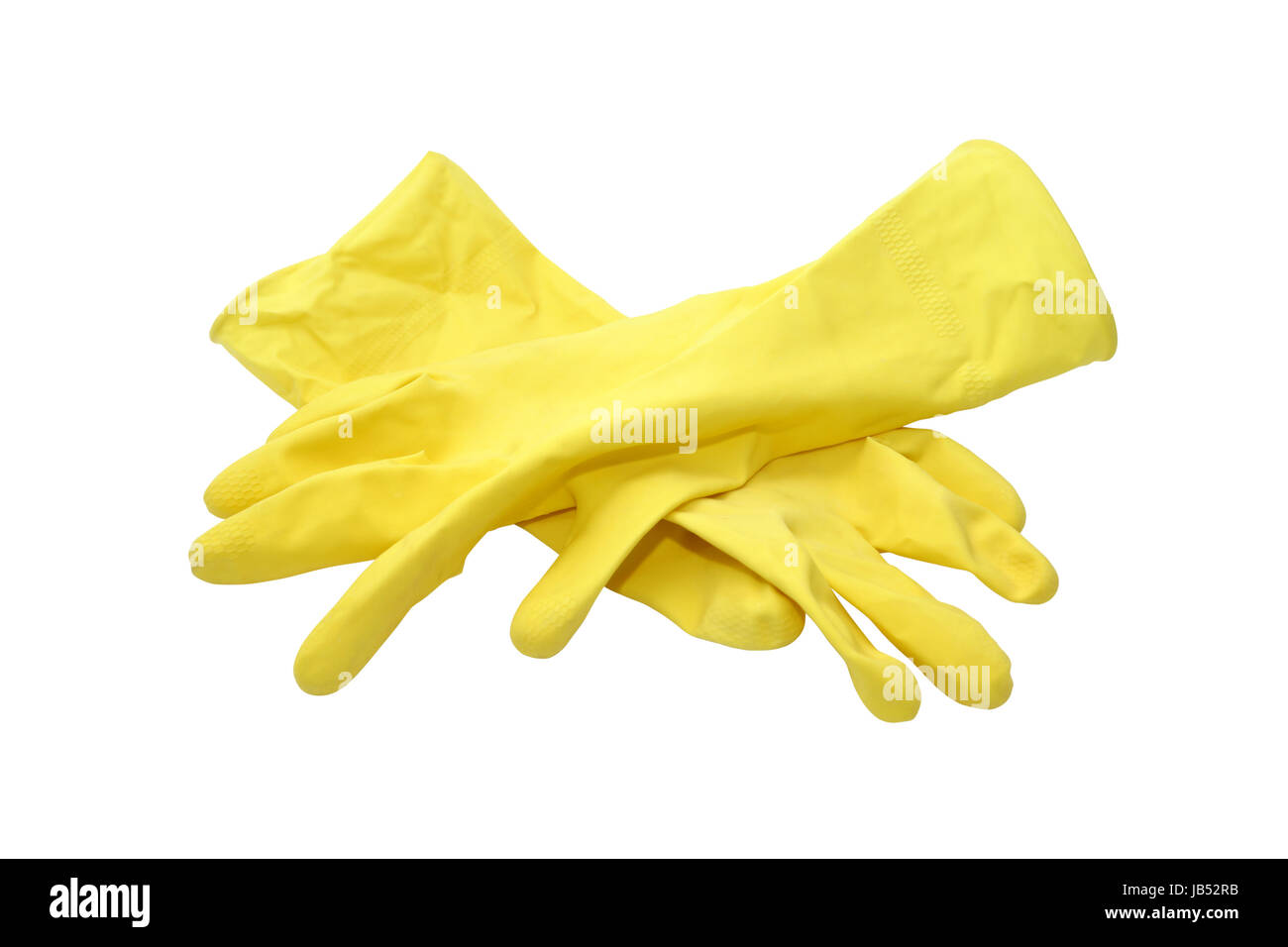 Coppia di giallo guanti in gomma su sfondo bianco. Isolato con tracciato di ritaglio Foto Stock