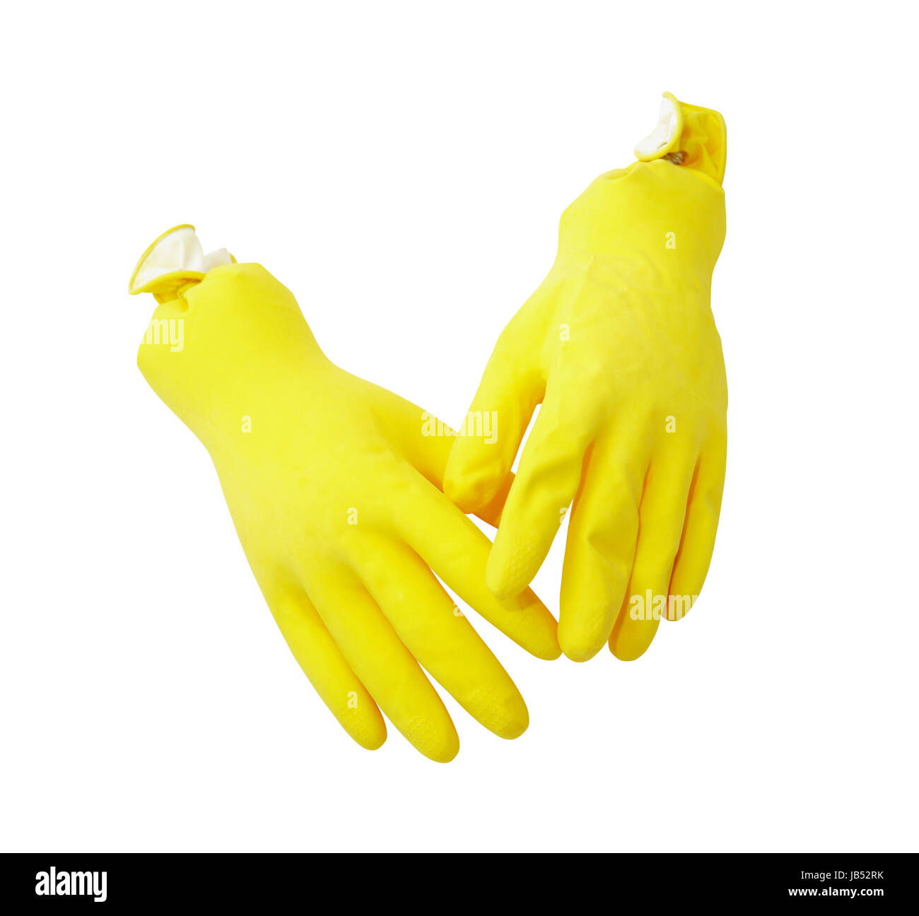 Coppia di giallo guanti in gomma su sfondo bianco. Isolato con tracciato di ritaglio Foto Stock