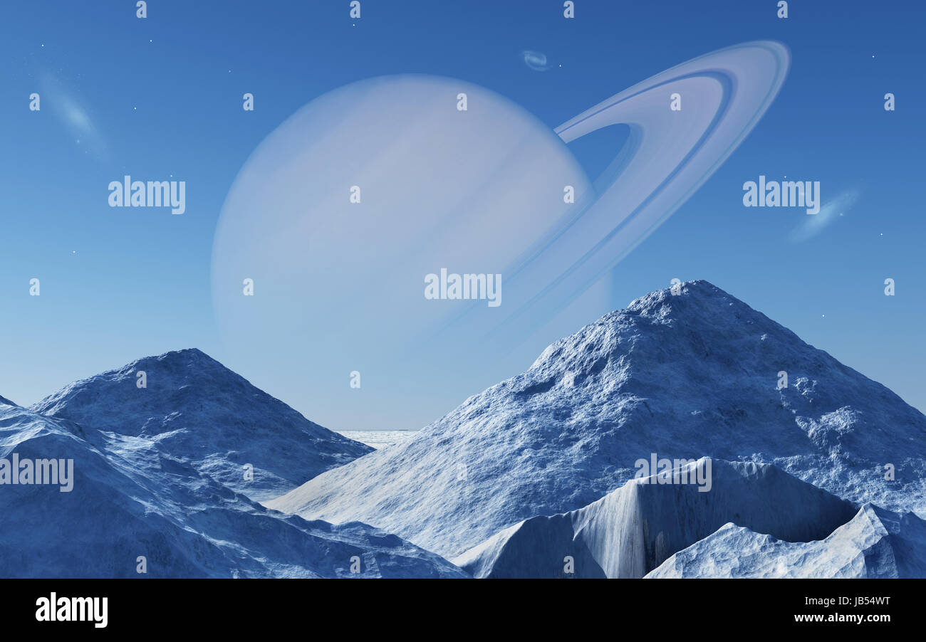 Saturno visto da una delle sue lune. Foto Stock