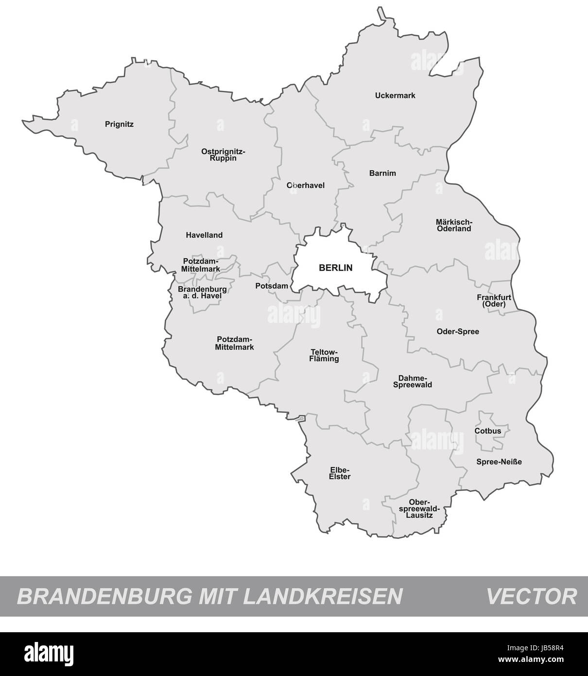 Brandeburgo in Deutschland als mit Inselkarte Grenzen in Grau. Durch die ansprechende Gestaltung fügt sich die Karte perfekt in Ihr Vorhaben ein. Foto Stock