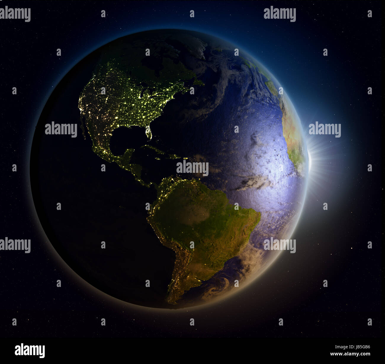 Americhe con il sole che splende attraverso l'atmosfera. 3D illustrazione con dettagliate pianeta superficie. Gli elementi di questa immagine fornita dalla NASA. Foto Stock