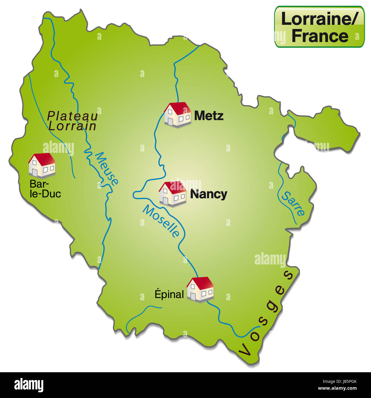 Lothringen in Frankreich als Inselkarte mit allen wichtigen topografischen Informationen. Diese Karte ist besonders gut geeignet für den Einsatz im Internet. Die Karte kann sofort für Ihr Vorhaben eingesetzt werden. Foto Stock