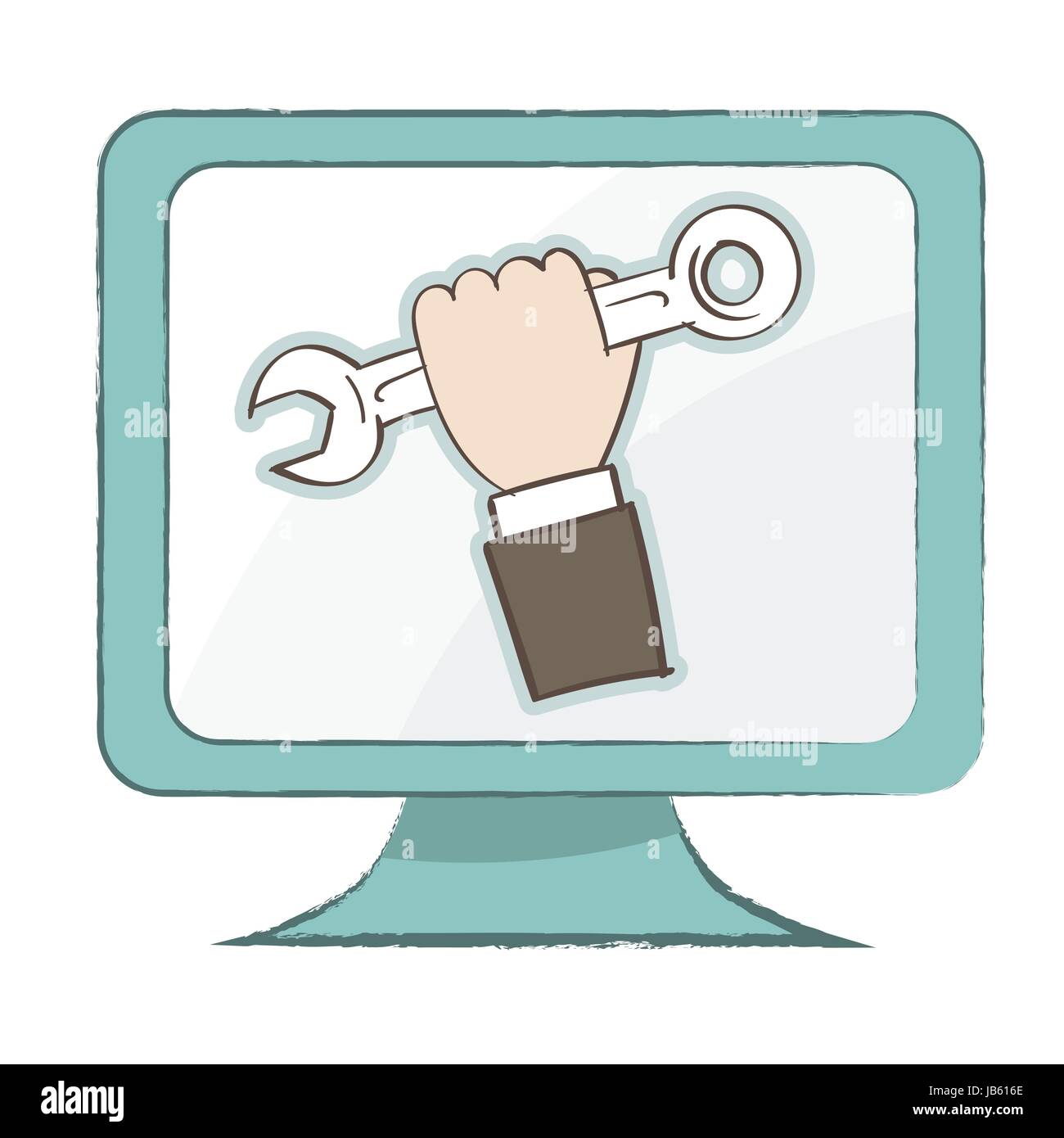 Azienda icona chiave, tenendo icona a forma di chiave inglese sul monitor del computer - stile semplice design - illustrazione vettoriale. Illustrazione Vettoriale