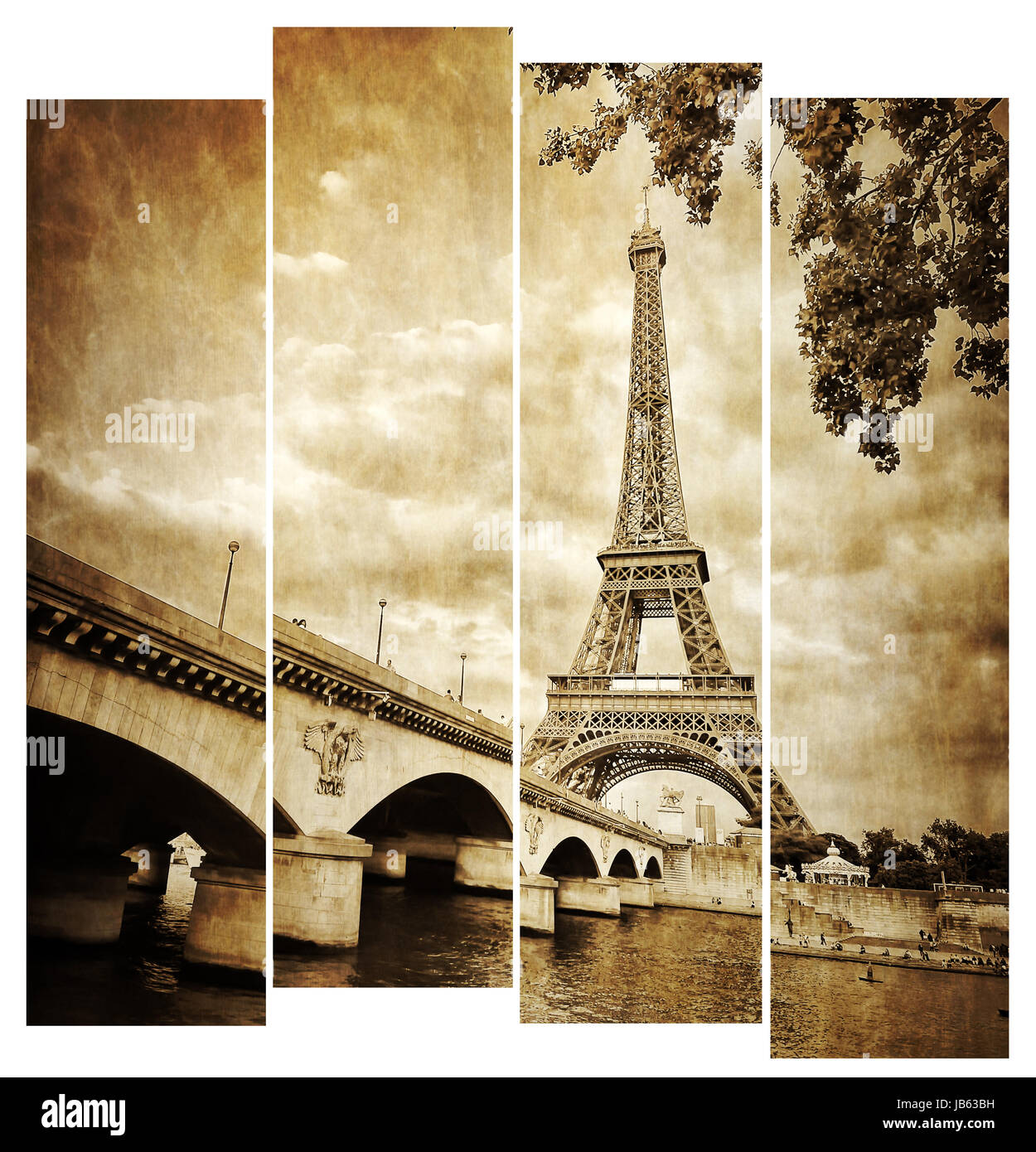 Torre Eiffel vintage retrò in strisce, dal fiume Senna, Parigi, Francia Foto Stock