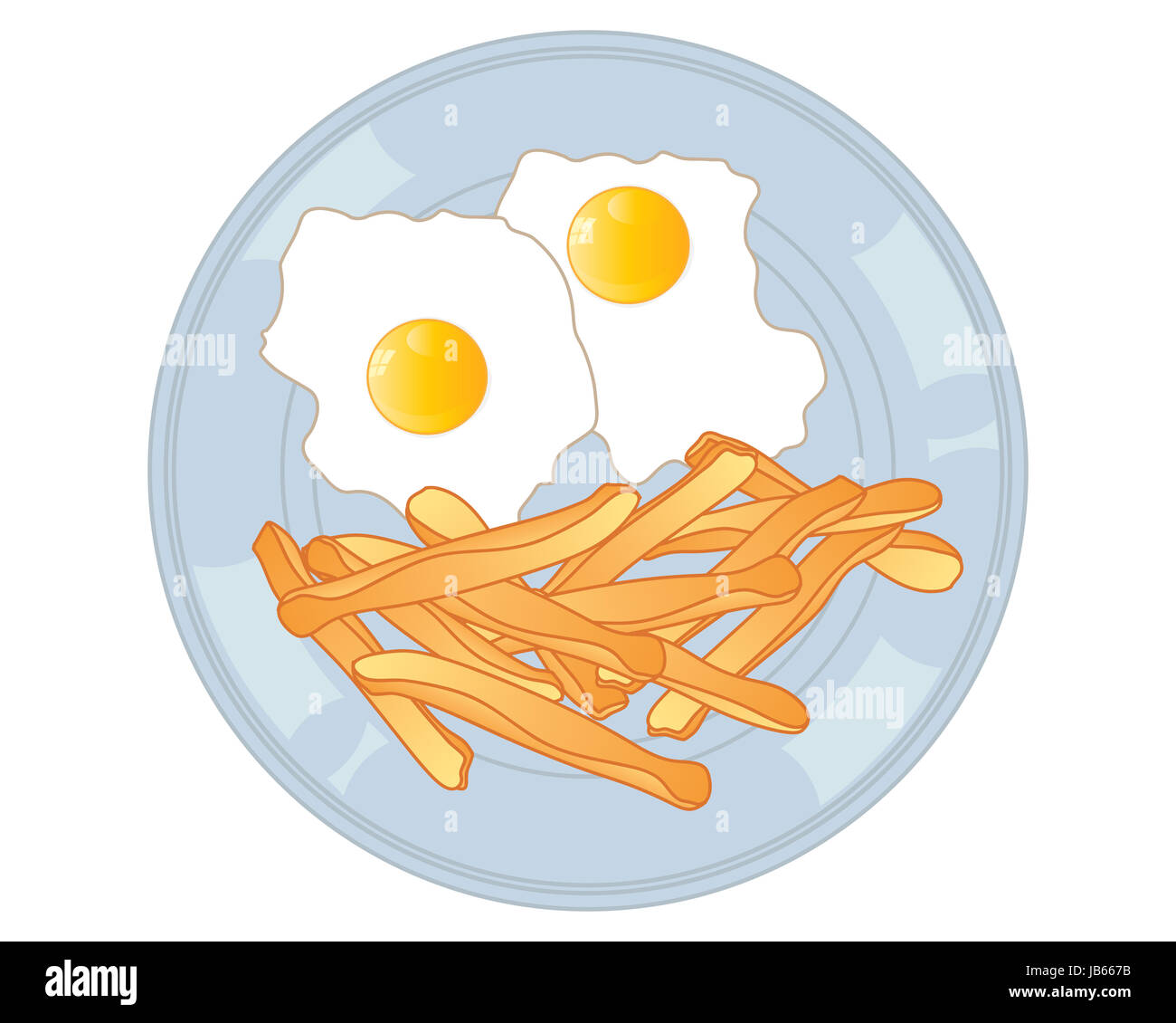 Una illustrazione di un piatto di uova fritte e golden chip su una piastra blu con uno sfondo bianco Foto Stock