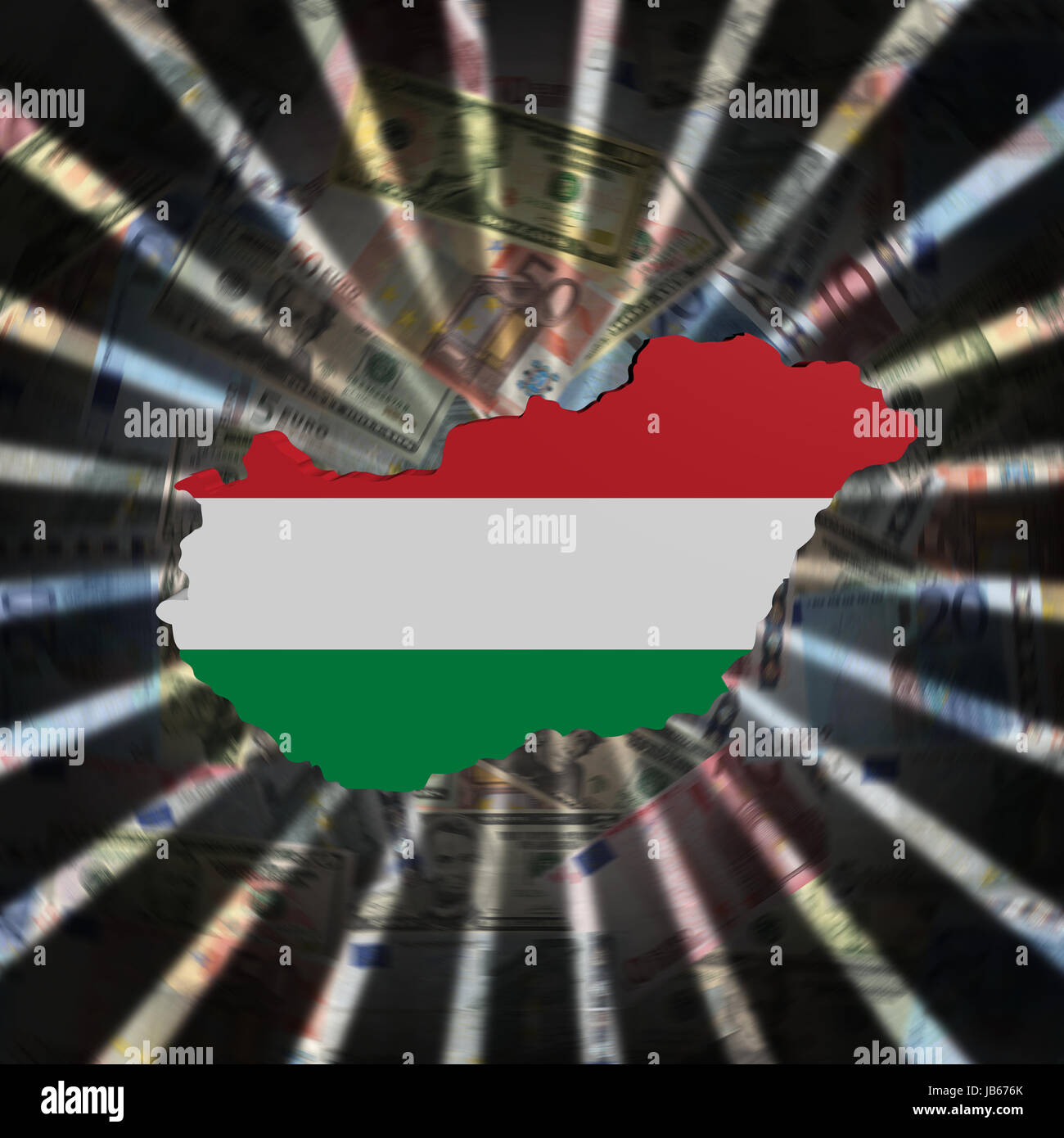 Mappa di Ungheria bandiera sulla moneta illustrazione di burst Foto Stock